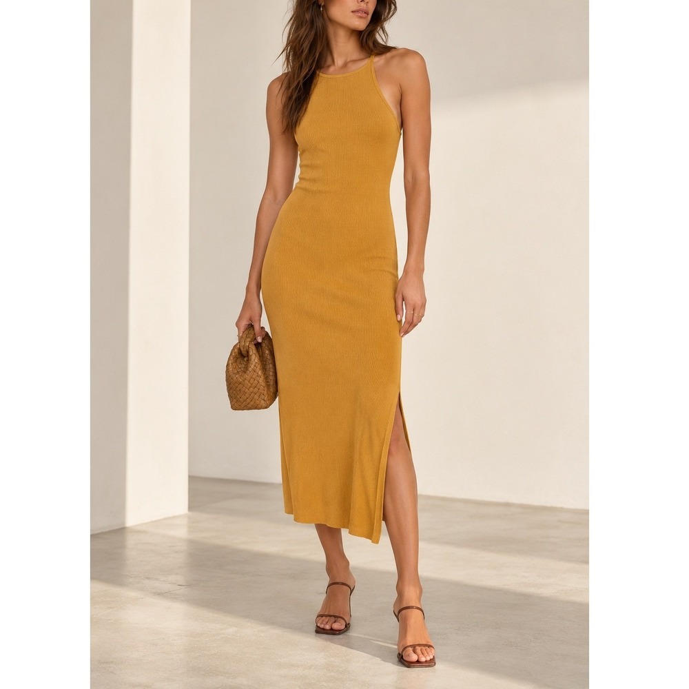 Spell Cosmos Rib Midi Dress Small Turmeric Sleek Ribbed Minimal Silhouette